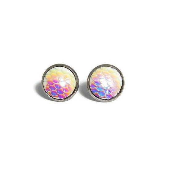 White Mermaid Scale Stud Earrings - Picture 4 of 6